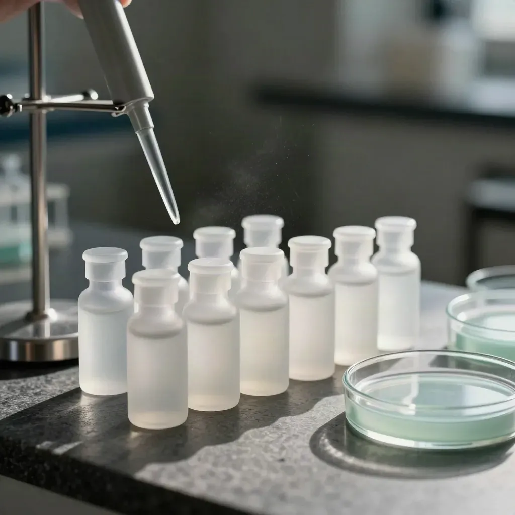 Frosted serum vials, pipette stand and petri dishes on dark limestone in dramatic lab light.