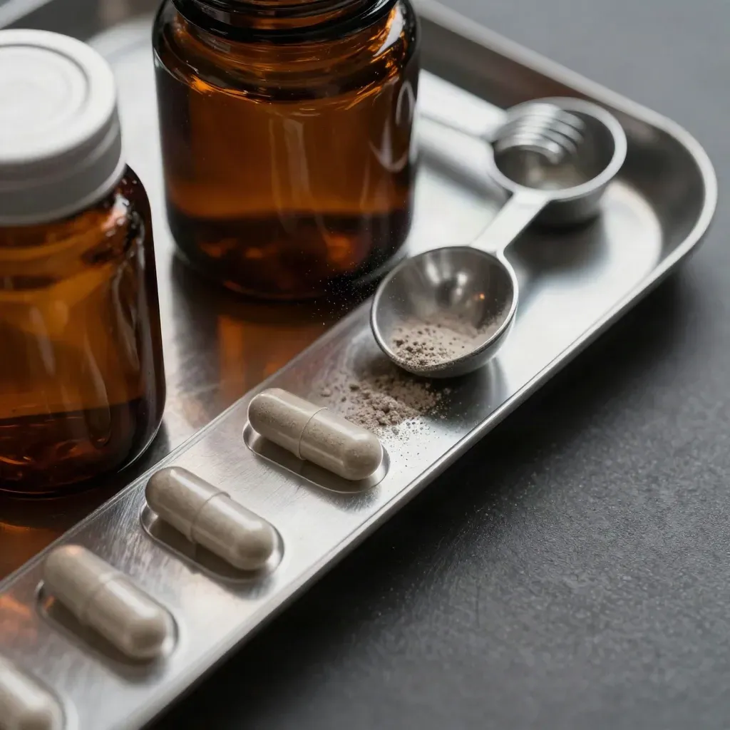 Amber capsule tray beside sealed jars and a ribbed aluminum scoop on brushed metal.