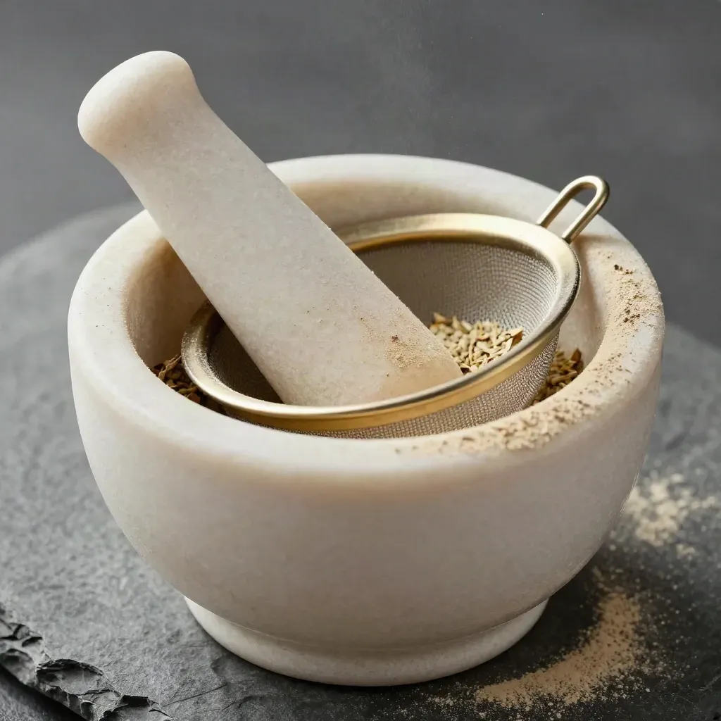 Macro mortar and pestle with root powder and herbal sieve on dark stone.