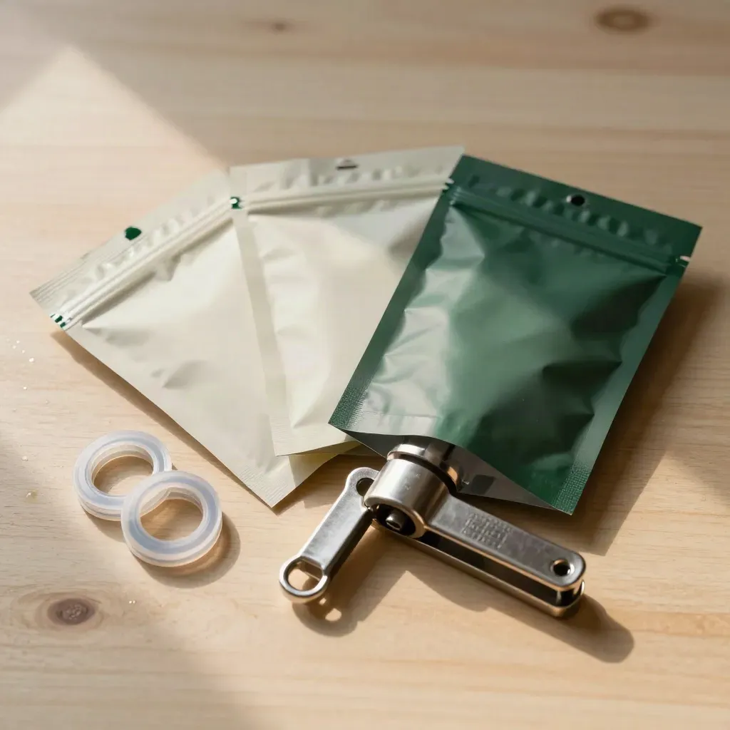 Foil sample pouches, seal rings, and a stainless clamp arranged on pale wood.