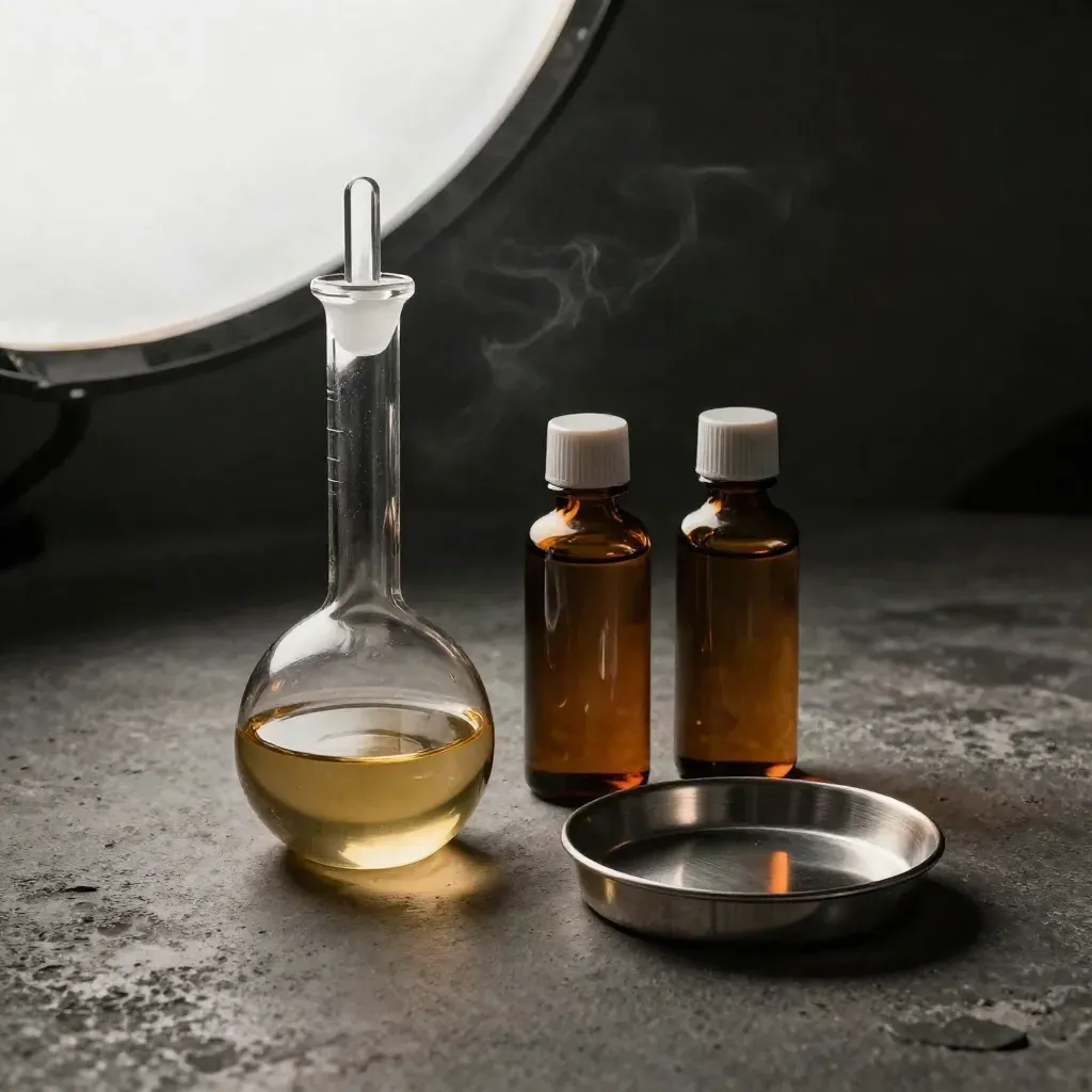 Separatory funnel with amber vials and a steel dish on dark concrete under dramatic studio light