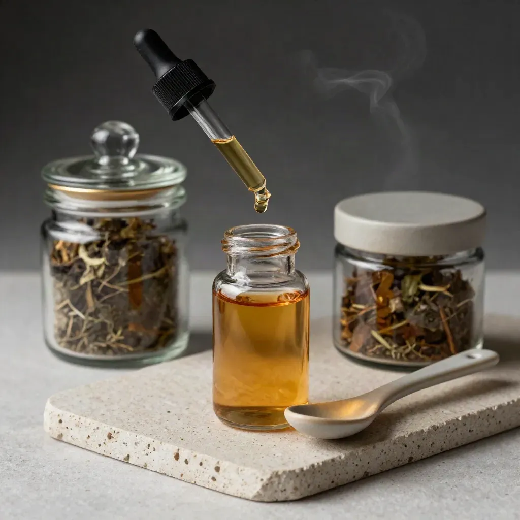 Amber droplet over herb jars and a ceramic spoon on pale stone
