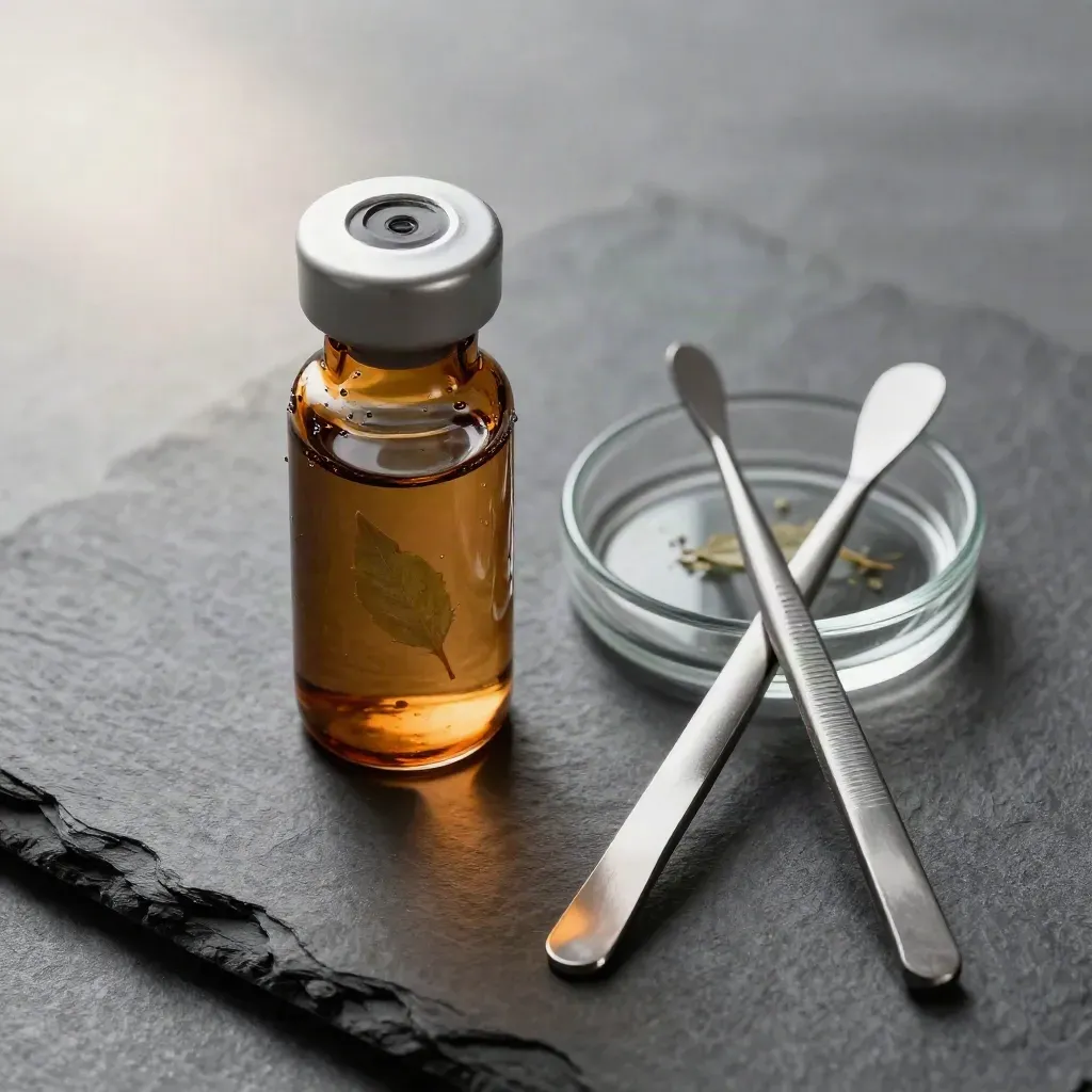 Amber specimen vial with leaf fragment, watch dish, and two spatulas on slate.