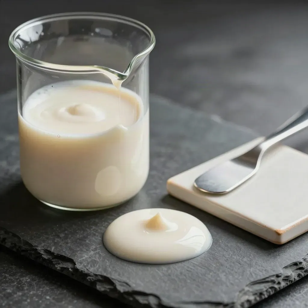 Glass beaker of cream emulsion with spatula and mix tile on dark stone