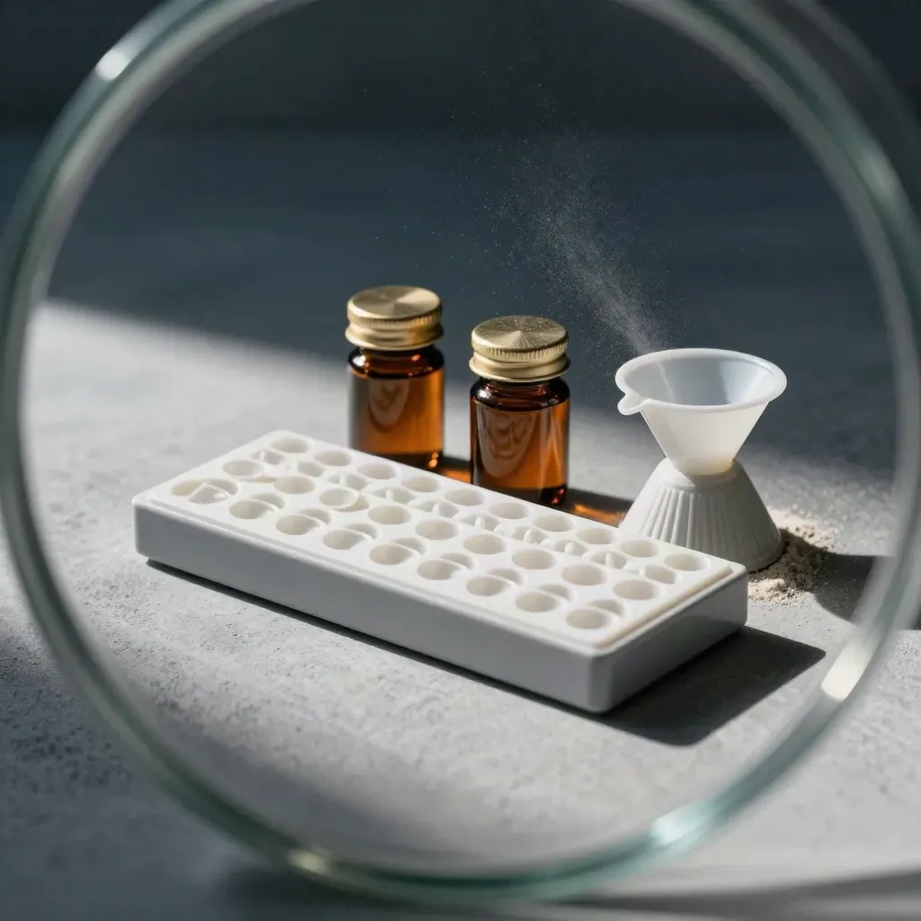 Capsule tray, shut amber canisters and funnel seen through a blurred glass jar on concrete.