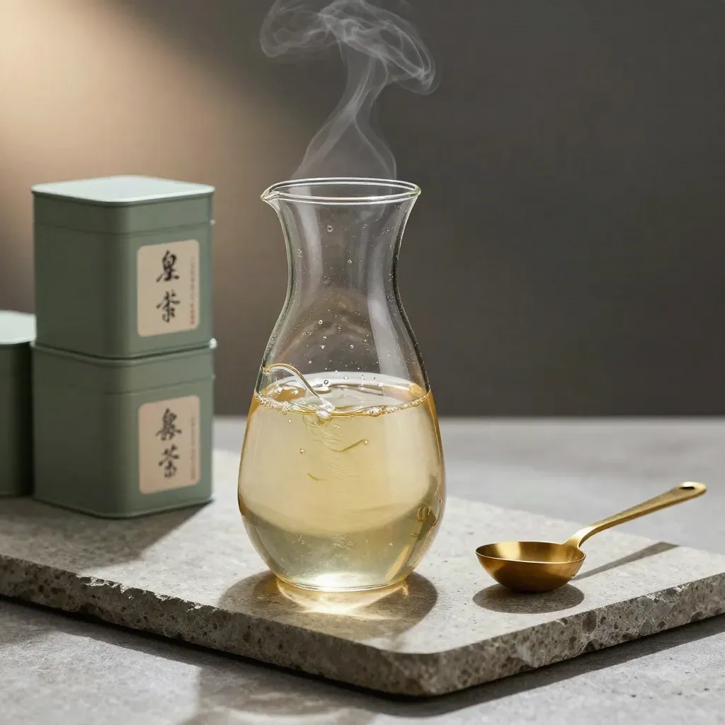Glass carafe, shut tea tins and brass scoop on stone with steam and warm light