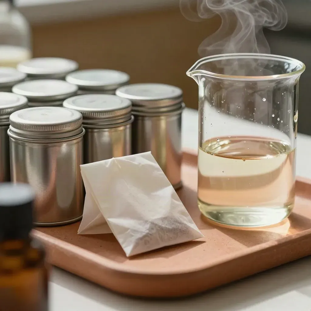 Powder tins, tea sachet sleeve and glass infusion beaker on a terracotta lab tray with steam.