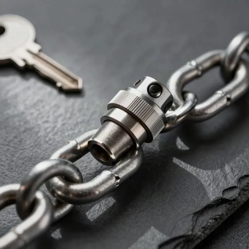 Machined steel links and a cable grommet on matte slate under dramatic studio light.