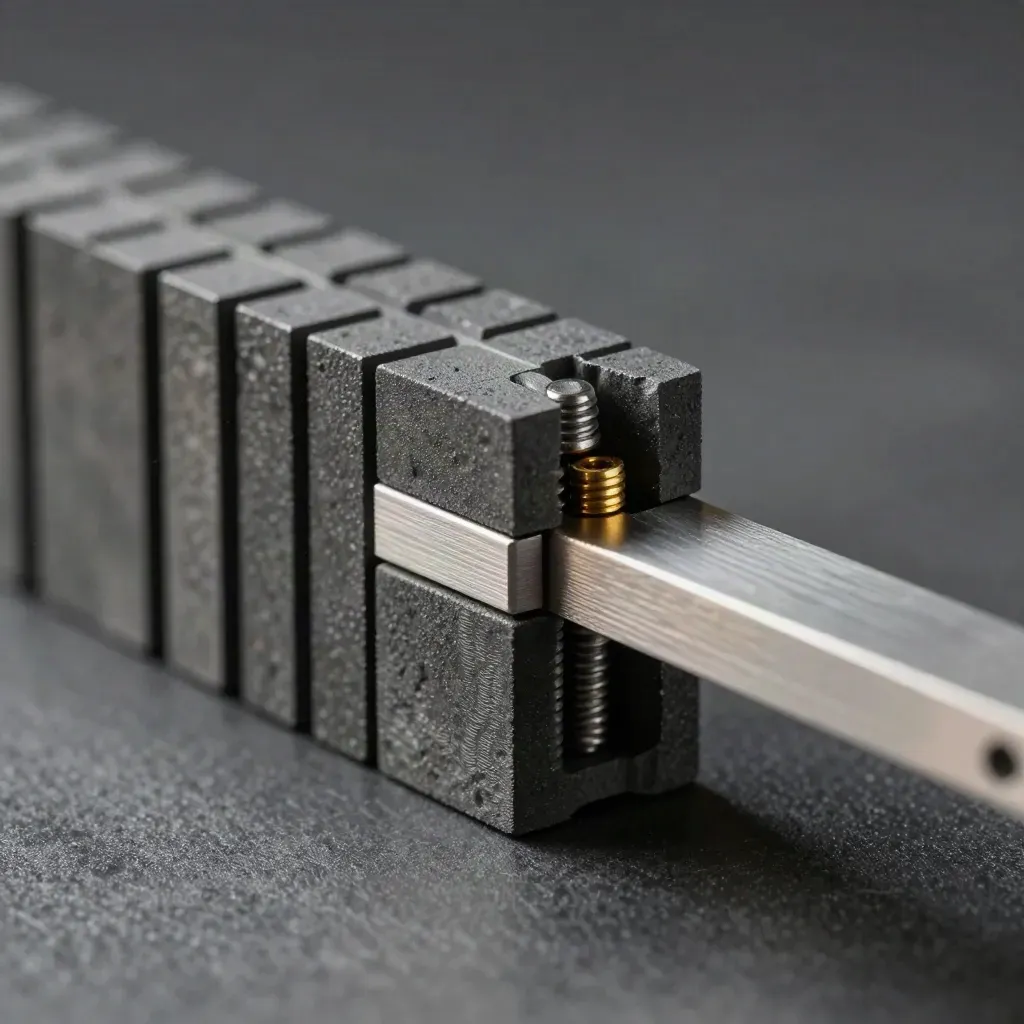 Extreme macro of graphite blocks, steel pins and an aluminum bridge piece locking together