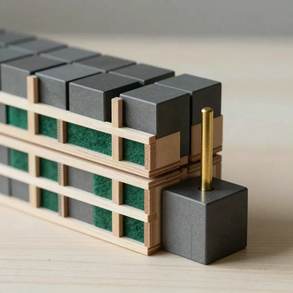 Graphite cubes, brass peg and wooden dividers arranged in a precise overhead lab workflow still life.