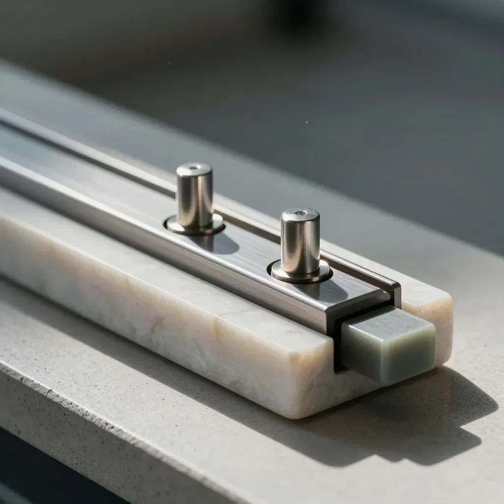 Linear rail carriage and alignment pins on a stone lab base, lit in cool directional light.