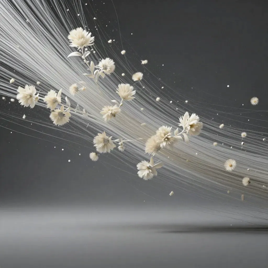 Silver filaments converge into a white bloom in dark graphite haze.